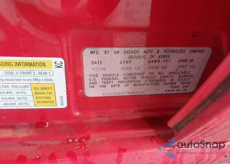 2007 Chevrolet Aveo Ls z USA, uszkodzony, nr VIN KL1TD56657B064034